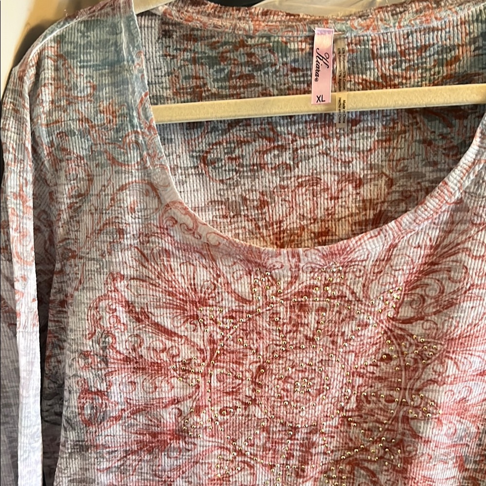 Kiara Multicolor 3/4 Sleeve Bling Relaxed Long Sleeve Stretch T Shirt Size XL - Picture 3 of 8